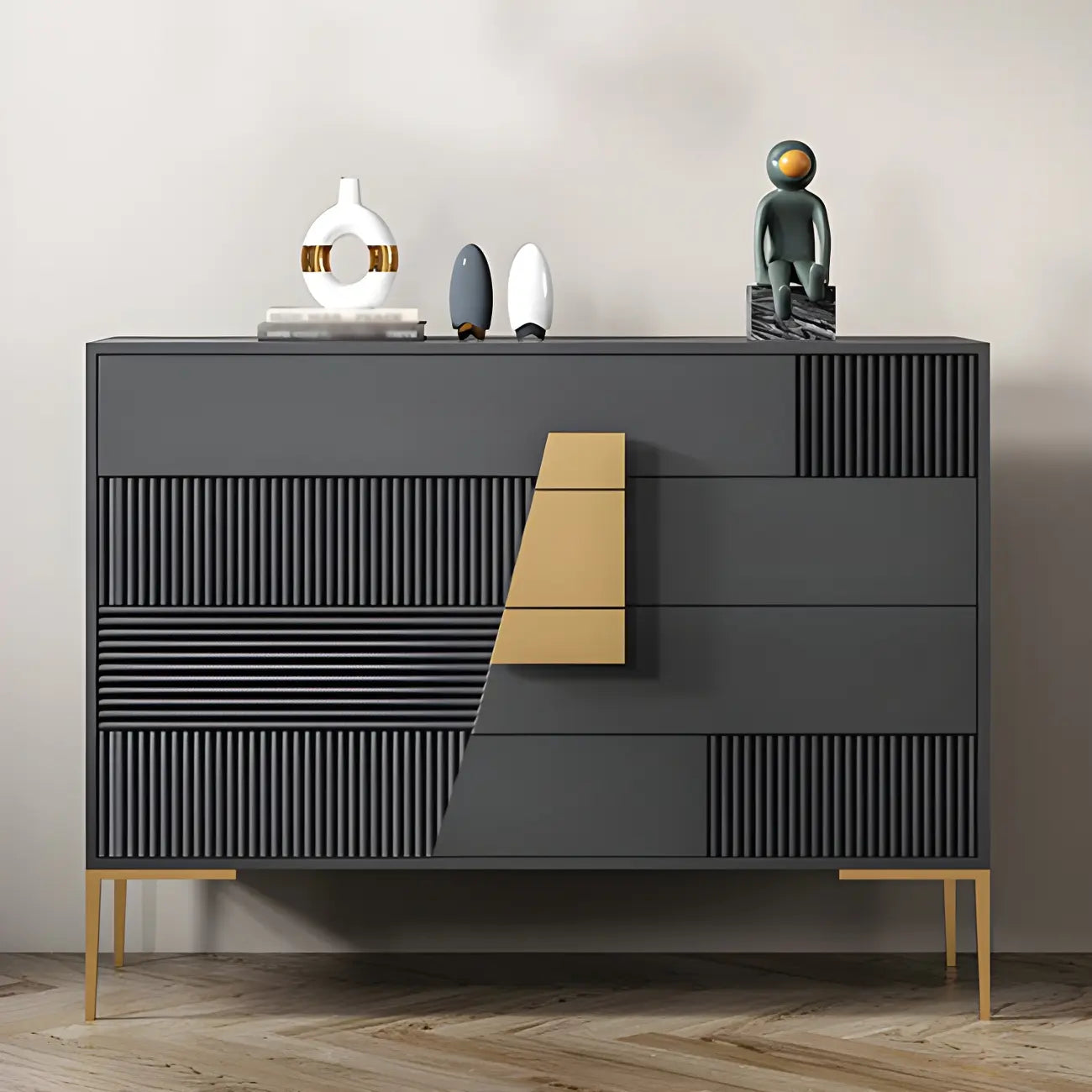 Buffet élégant en bois avec tiroirs, de couleur vert/gris