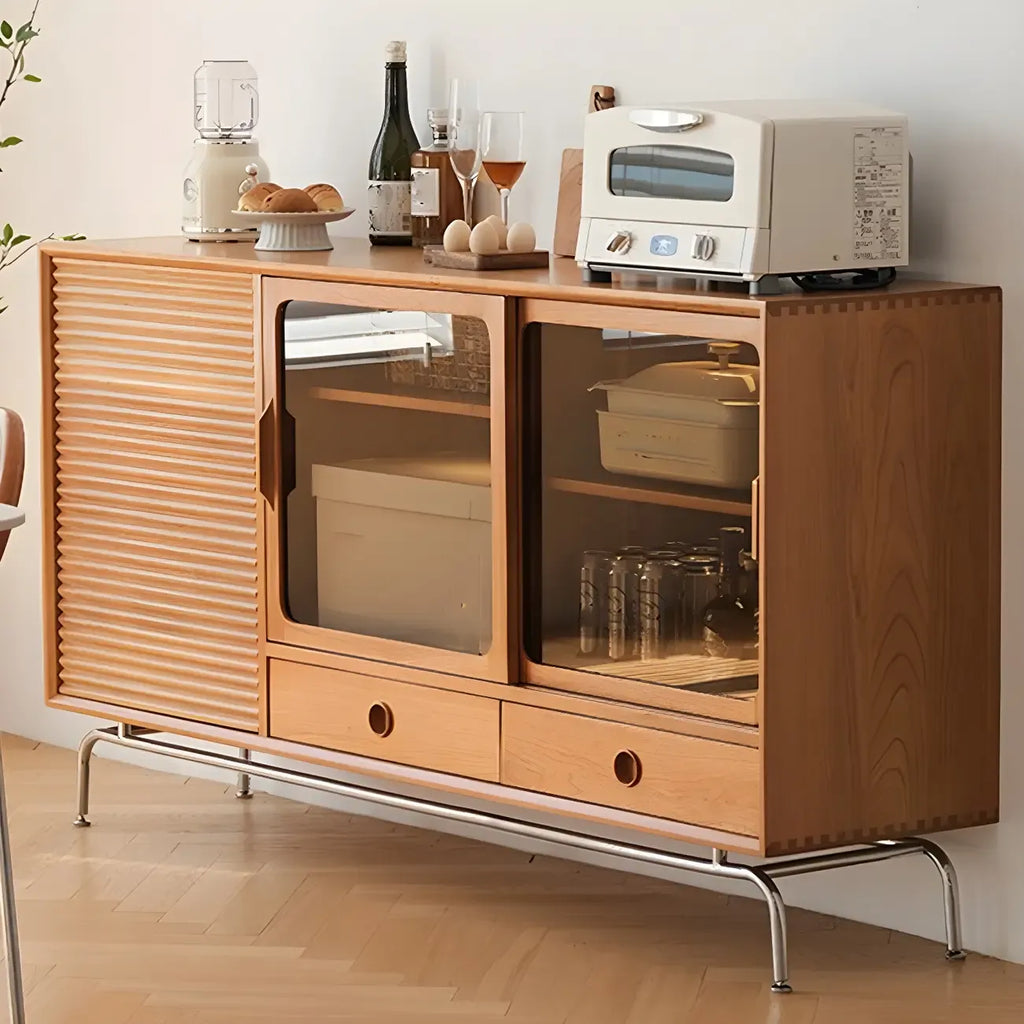 Buffet moderne en pin brun avec portes vitrées