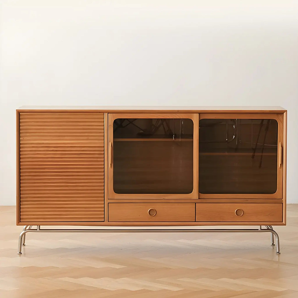 Buffet moderne en pin brun avec portes vitrées
