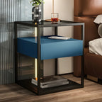 Table de chevet bleue moderne avec plateau en verre et tiroir de rangement