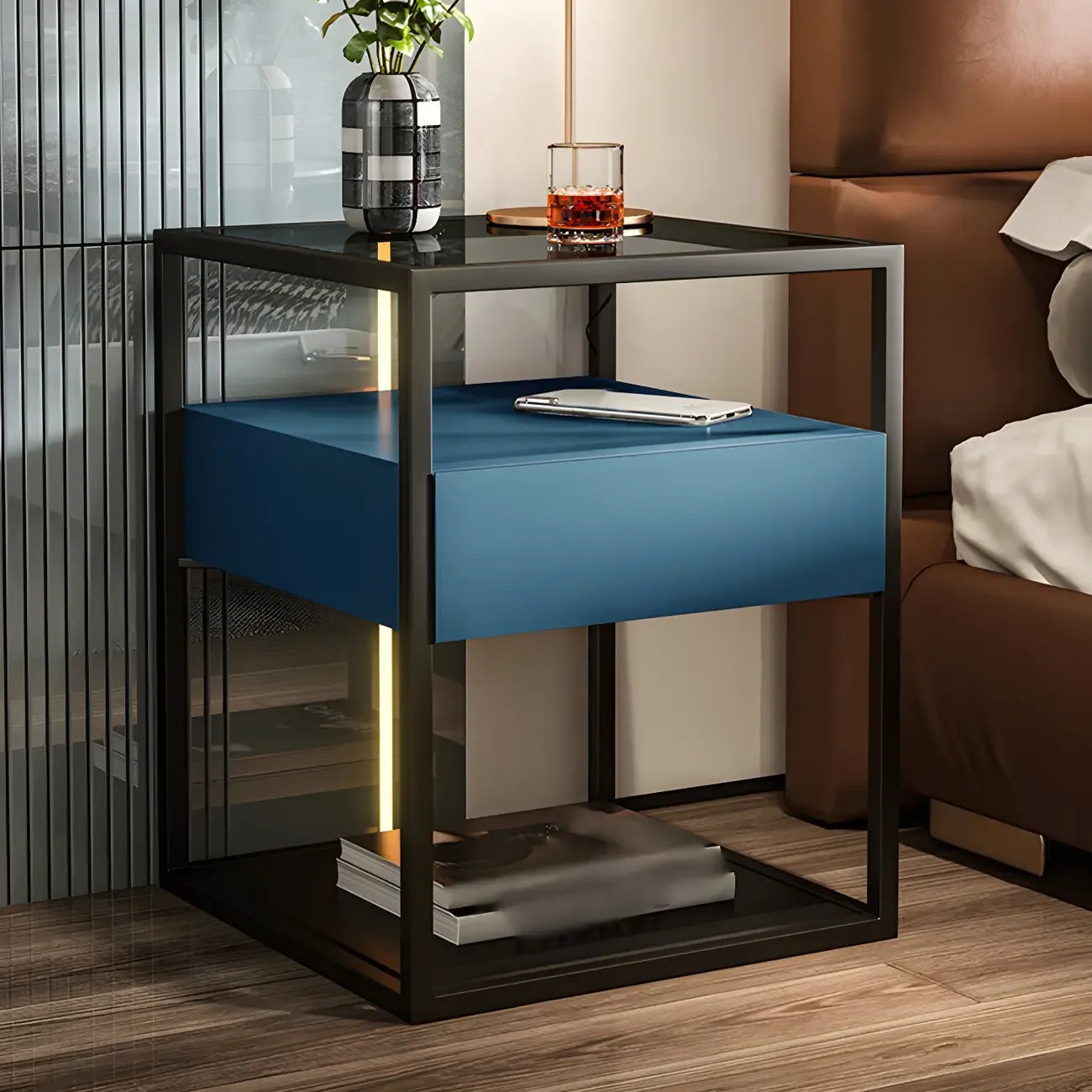 Table de chevet bleue moderne avec plateau en verre et tiroir de rangement