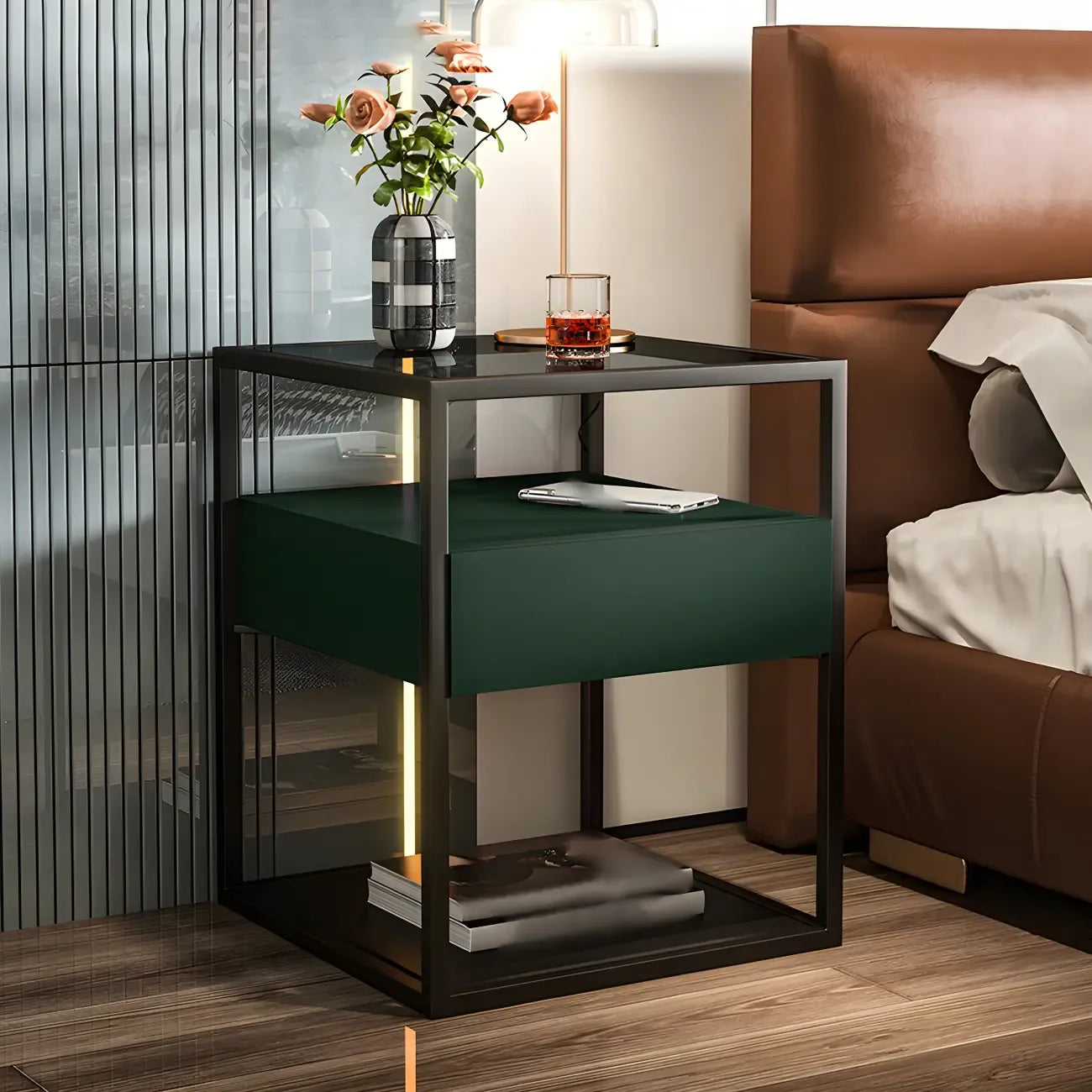 Table de chevet bleue moderne avec plateau en verre et tiroir de rangement