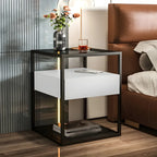 Table de chevet bleue moderne avec plateau en verre et tiroir de rangement