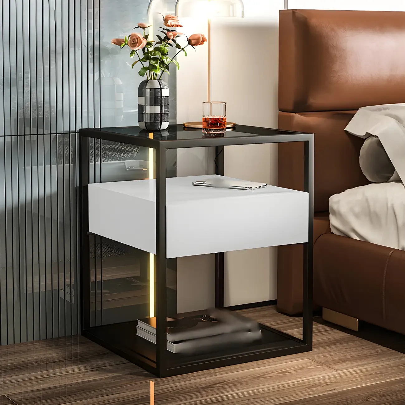 Table de chevet bleue moderne avec plateau en verre et tiroir de rangement
