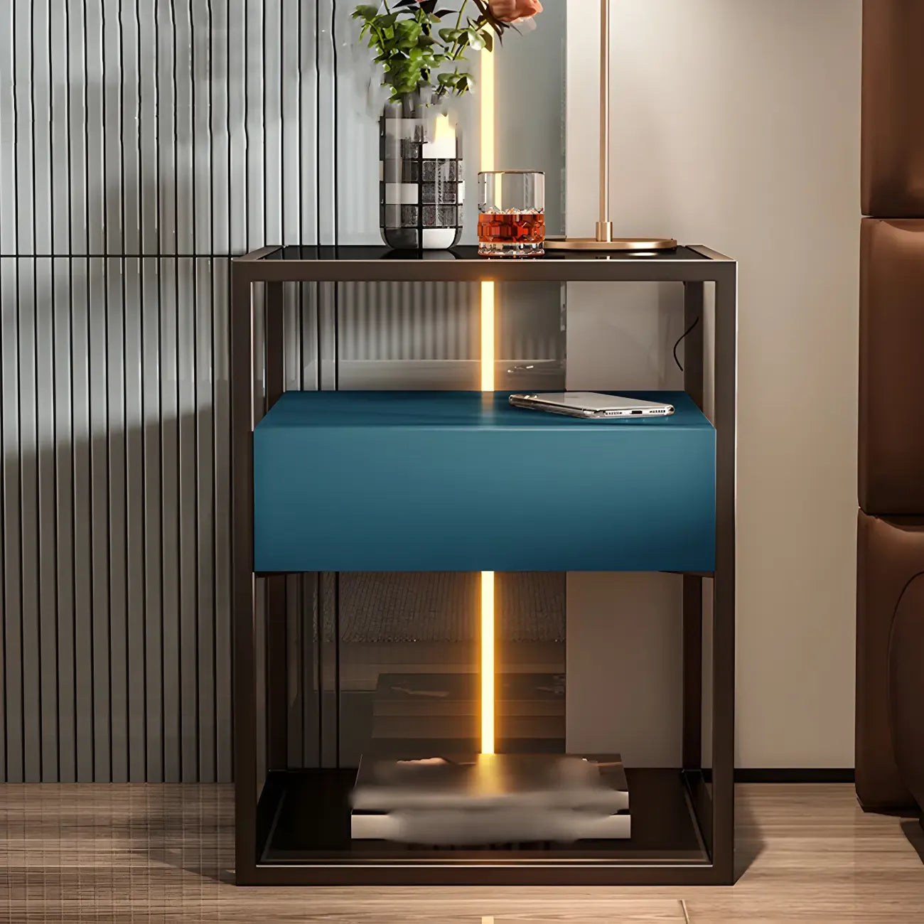 Table de chevet bleue moderne avec plateau en verre et tiroir de rangement