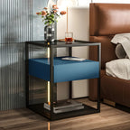 Table de chevet bleue moderne avec plateau en verre et tiroir de rangement