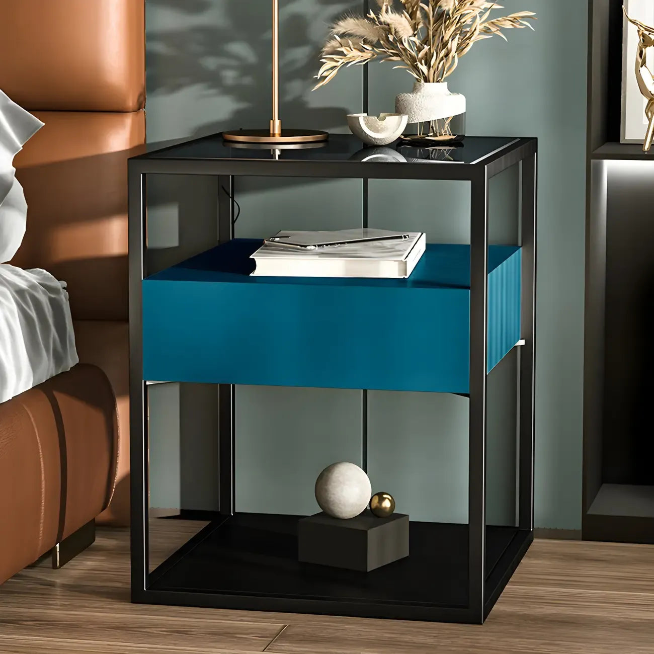 Table de chevet bleue moderne avec plateau en verre et tiroir de rangement