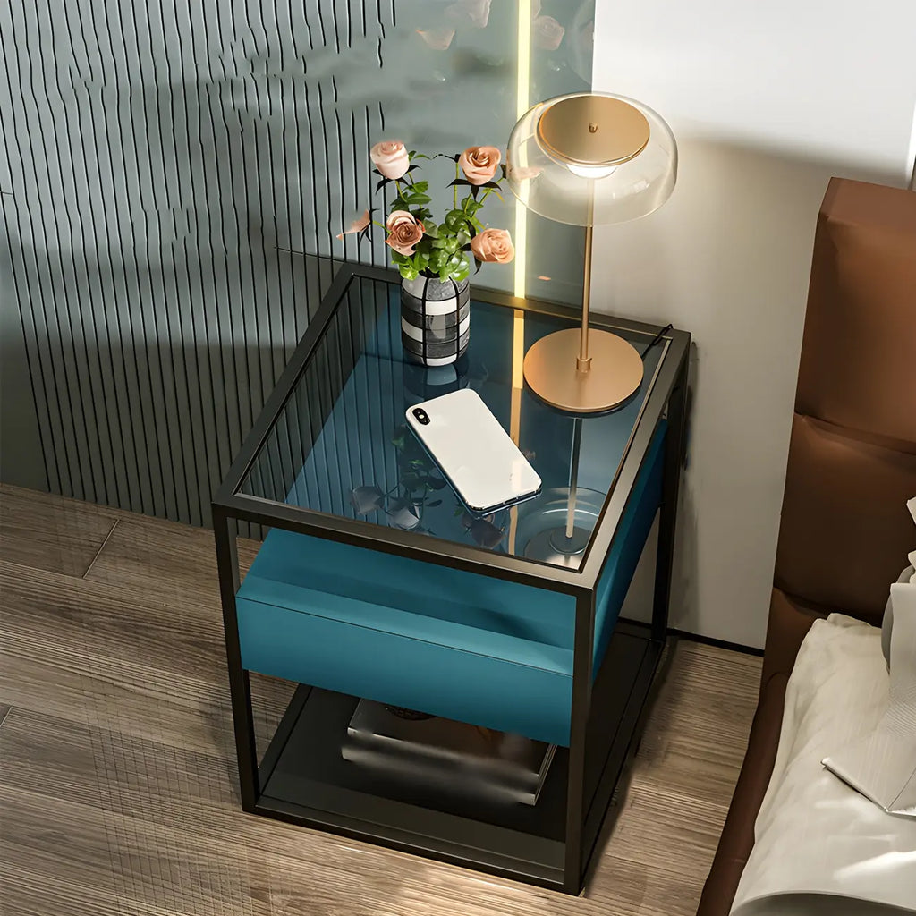 Table de chevet bleue moderne avec plateau en verre et tiroir de rangement