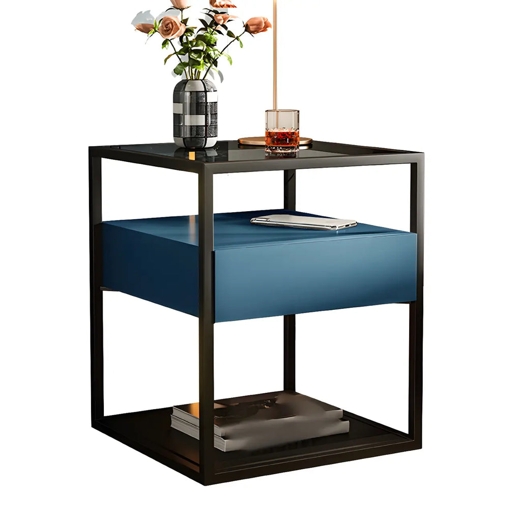 Table de chevet bleue moderne avec plateau en verre et tiroir de rangement
