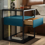 Table de chevet bleue moderne avec plateau en verre et tiroir de rangement