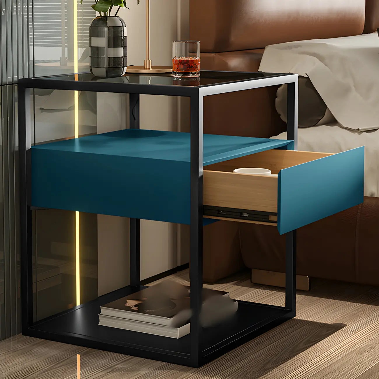 Table de chevet bleue moderne avec plateau en verre et tiroir de rangement