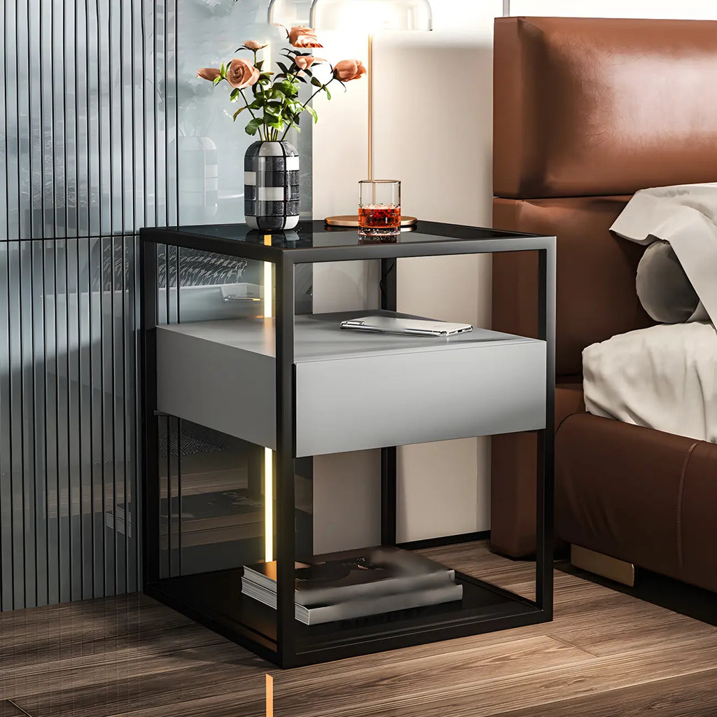Table de chevet bleue moderne avec plateau en verre et tiroir de rangement