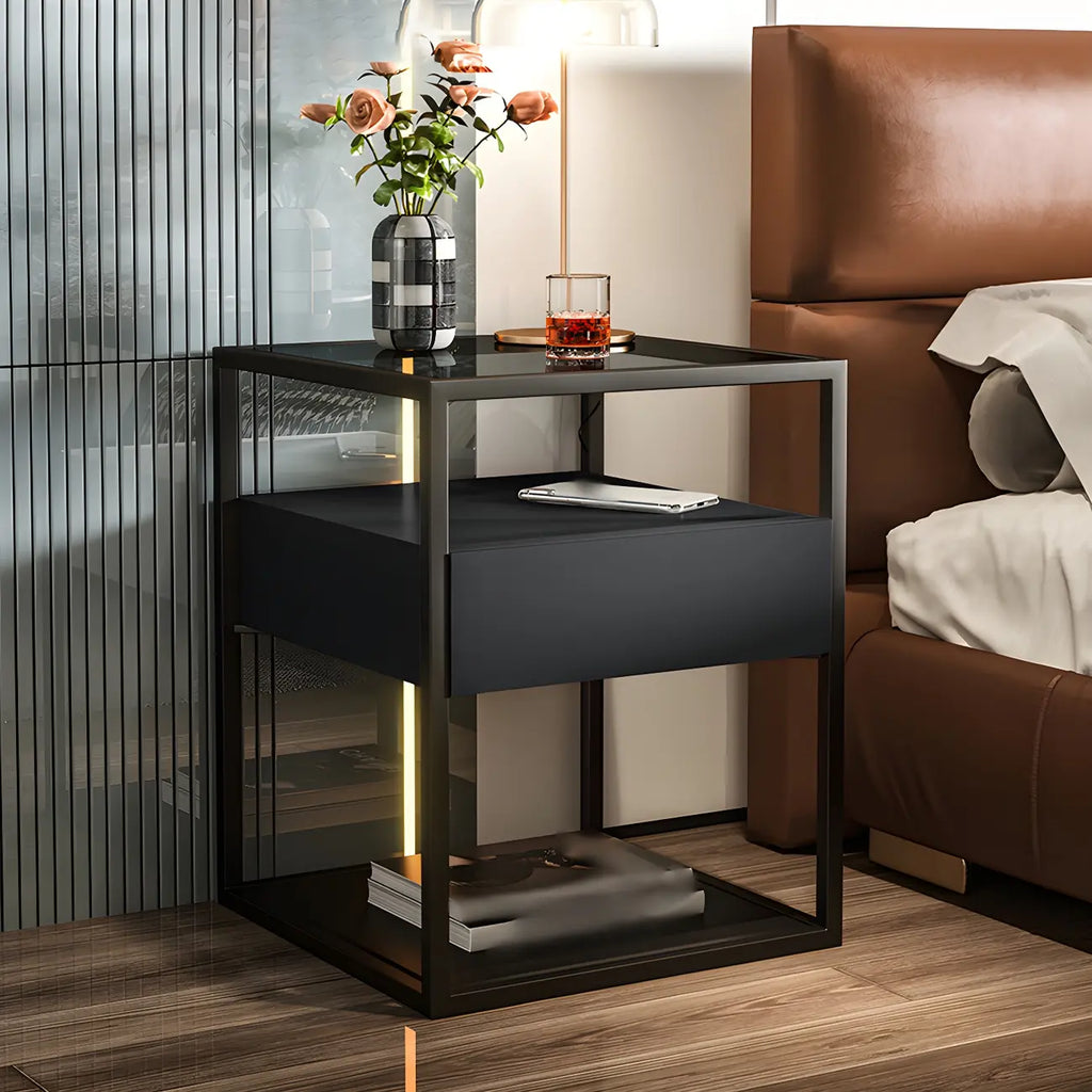Table de chevet bleue moderne avec plateau en verre et tiroir de rangement