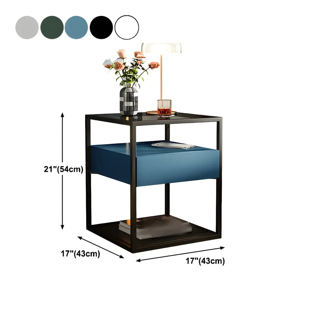 Table de chevet bleue moderne avec plateau en verre et tiroir de rangement