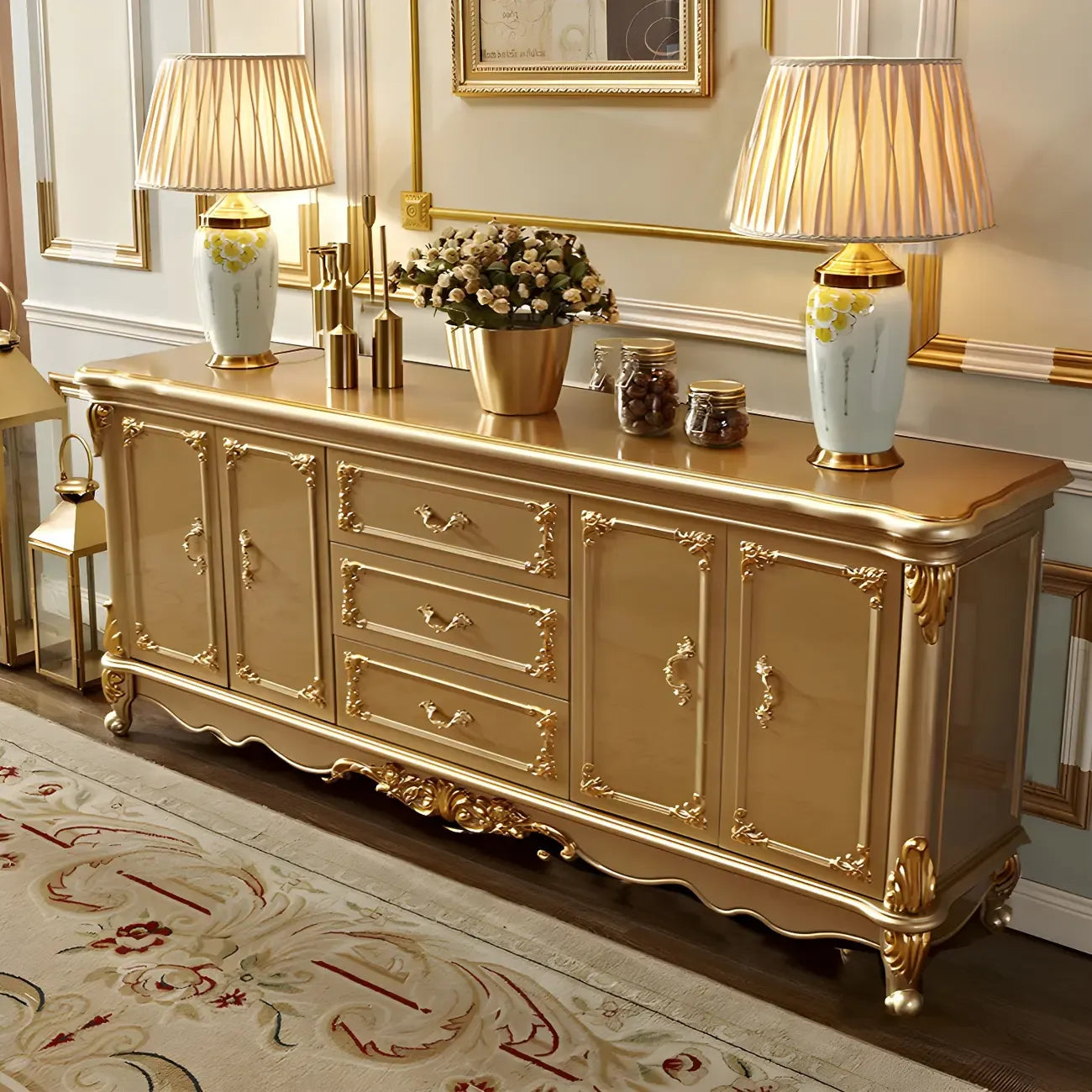 Buffet de luxe en bois doré avec tiroirs et portes