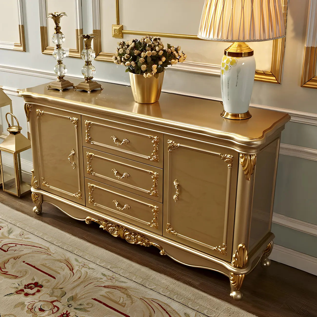 Buffet de luxe en bois doré avec tiroirs et portes