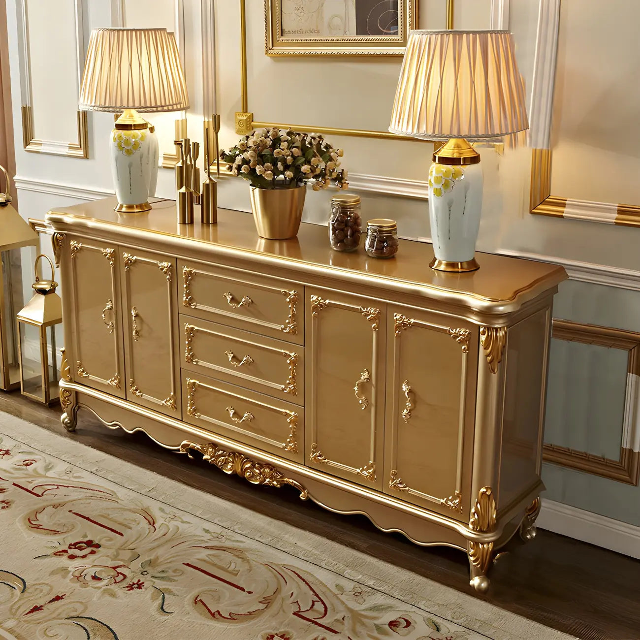 Buffet de luxe en bois doré avec tiroirs et portes