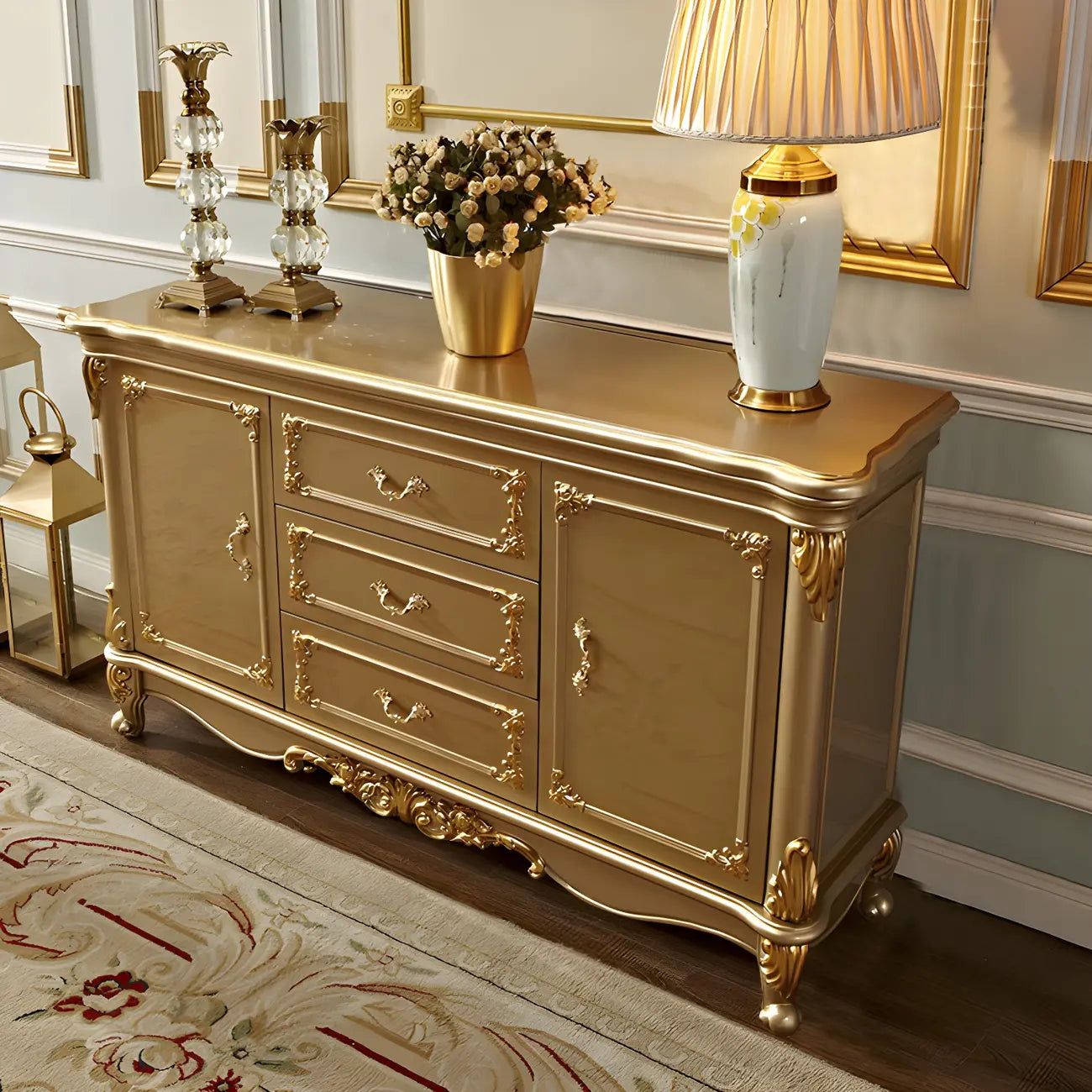 Buffet de luxe en bois doré avec tiroirs et portes