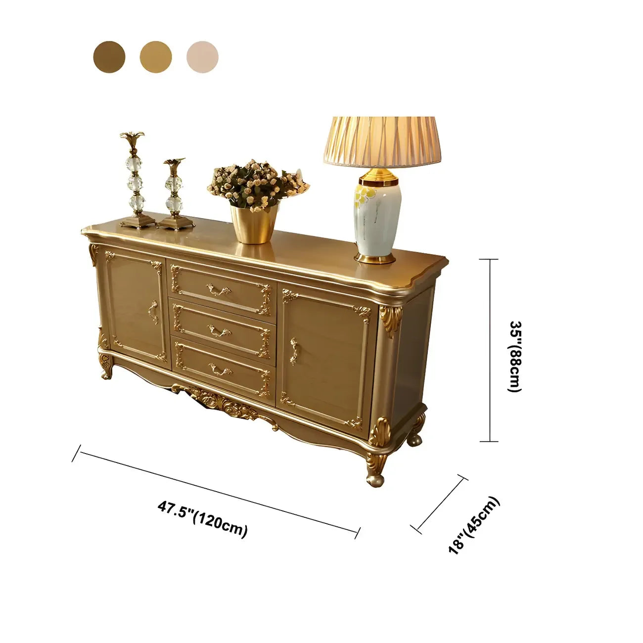 Buffet de luxe en bois doré avec tiroirs et portes