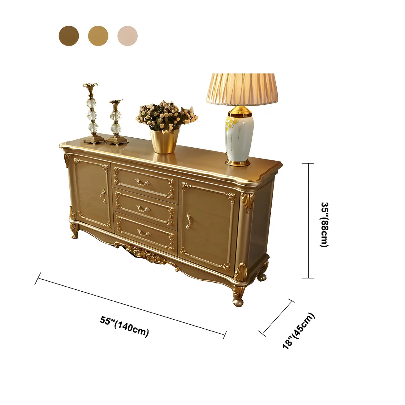 Buffet de luxe en bois doré avec tiroirs et portes
