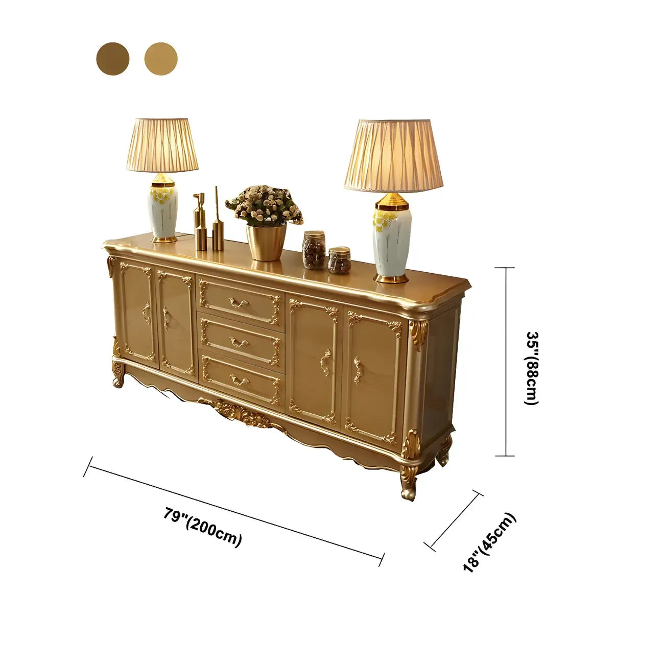 Buffet de luxe en bois doré avec tiroirs et portes