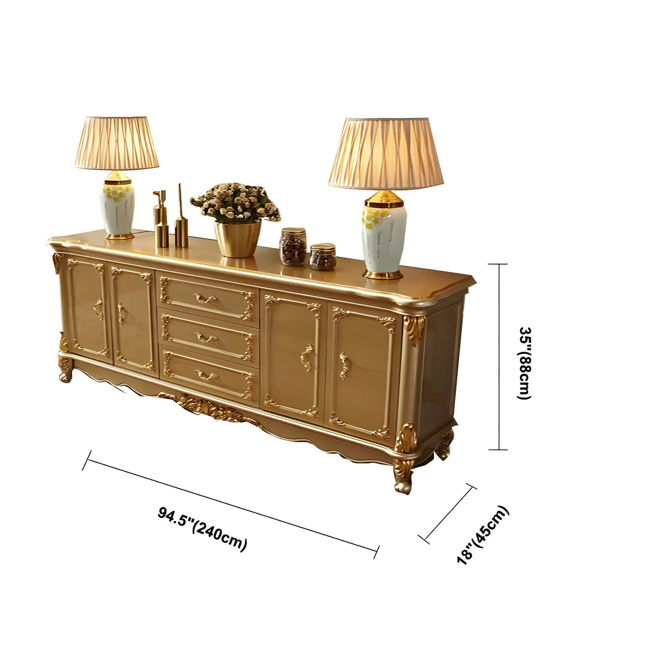 Buffet de luxe en bois doré avec tiroirs et portes