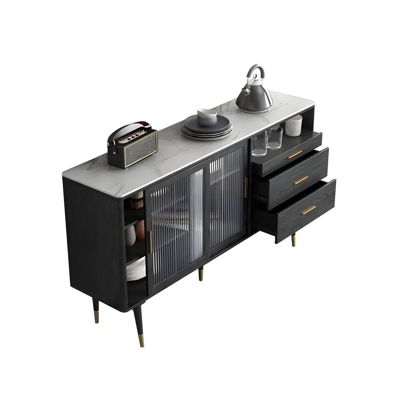 Buffets élégants en bois noir avec portes et tiroirs en verre