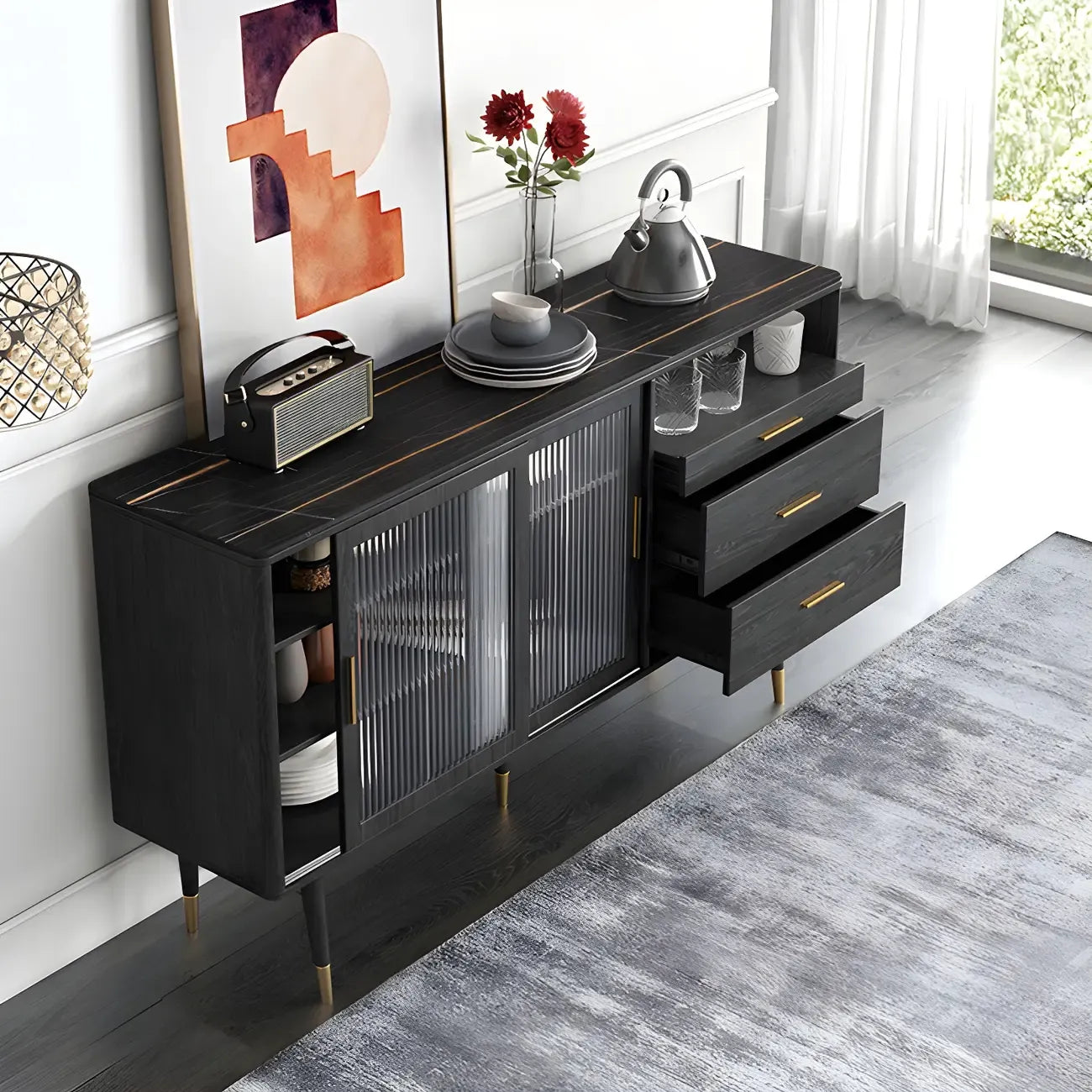 Buffets élégants en bois noir avec portes et tiroirs en verre