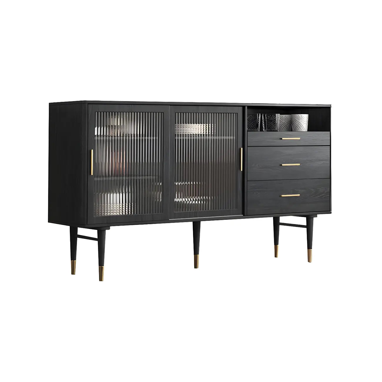 Buffets élégants en bois noir avec portes et tiroirs en verre