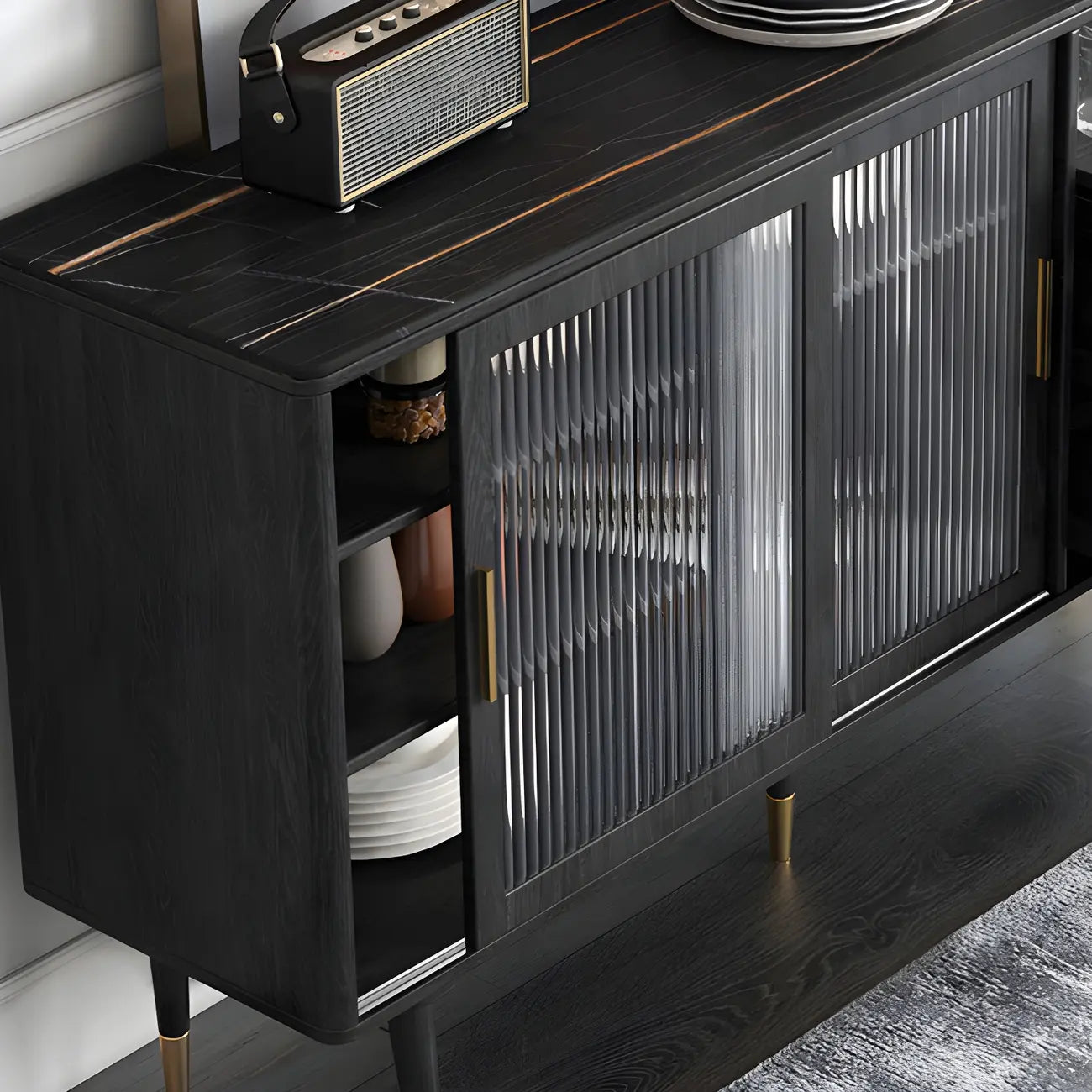 Buffets élégants en bois noir avec portes et tiroirs en verre