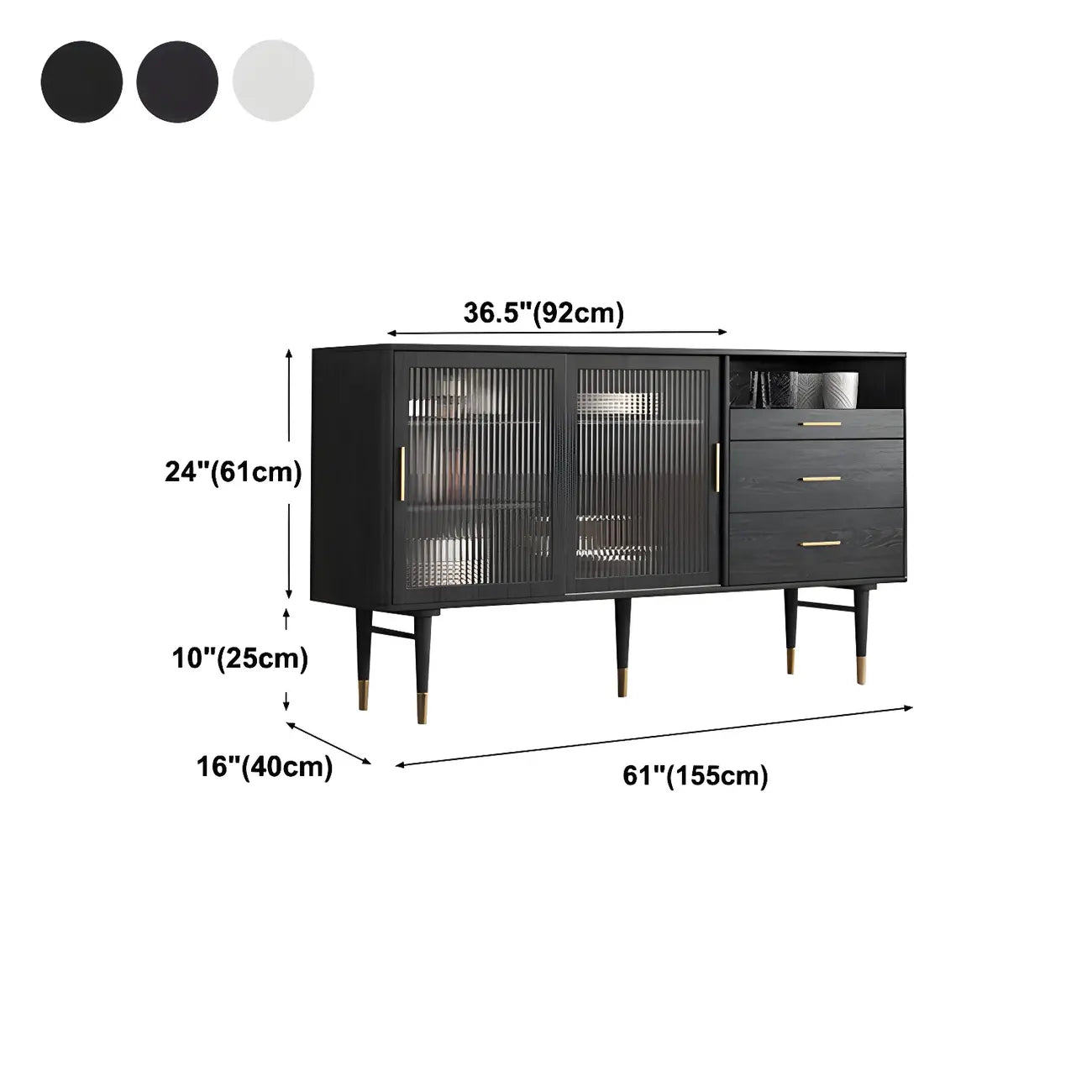 Buffets élégants en bois noir avec portes et tiroirs en verre