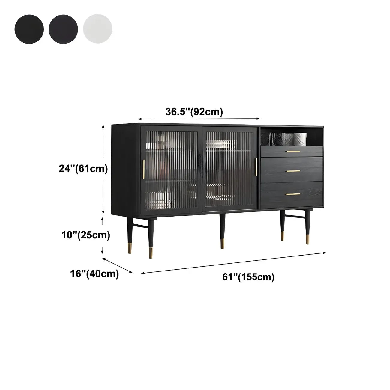 Buffets élégants en bois noir avec portes et tiroirs en verre