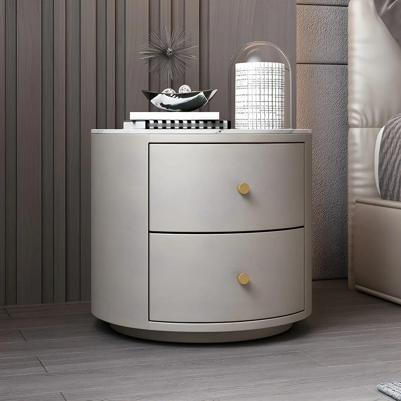 Table de chevet ronde moderne en similicuir gris avec deux tiroirs