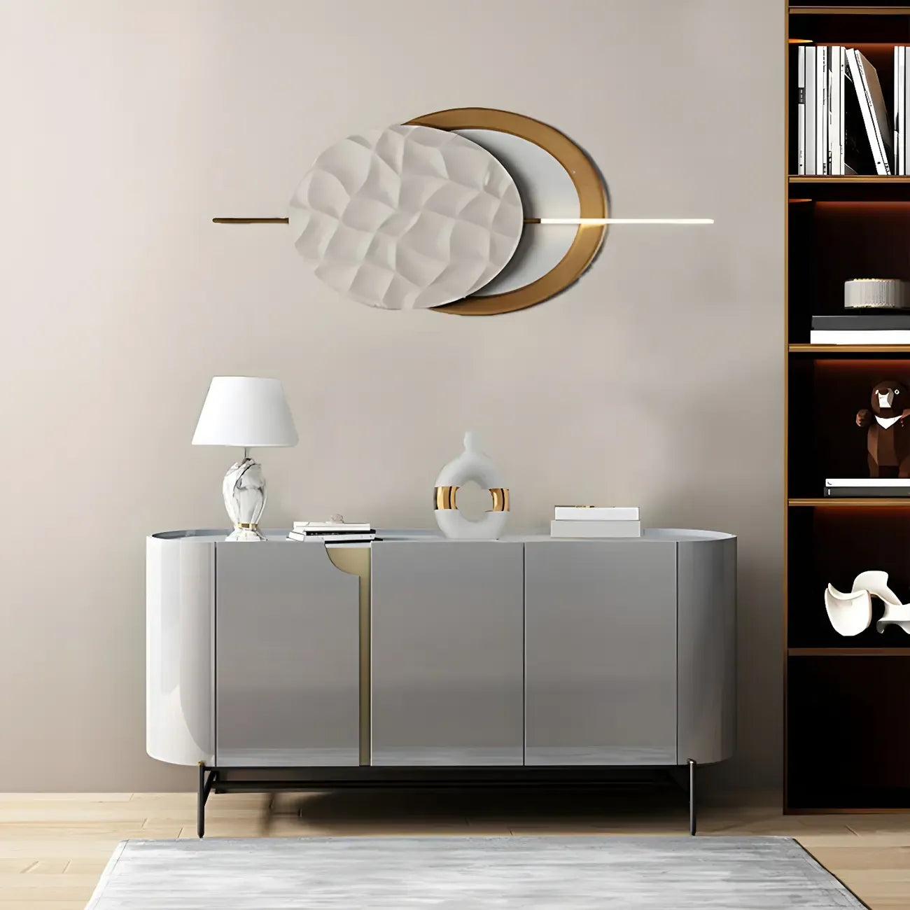 Buffet minimaliste en bois gris avec rangements