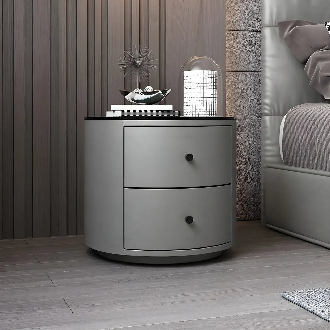 Table de chevet ronde moderne en similicuir gris avec deux tiroirs