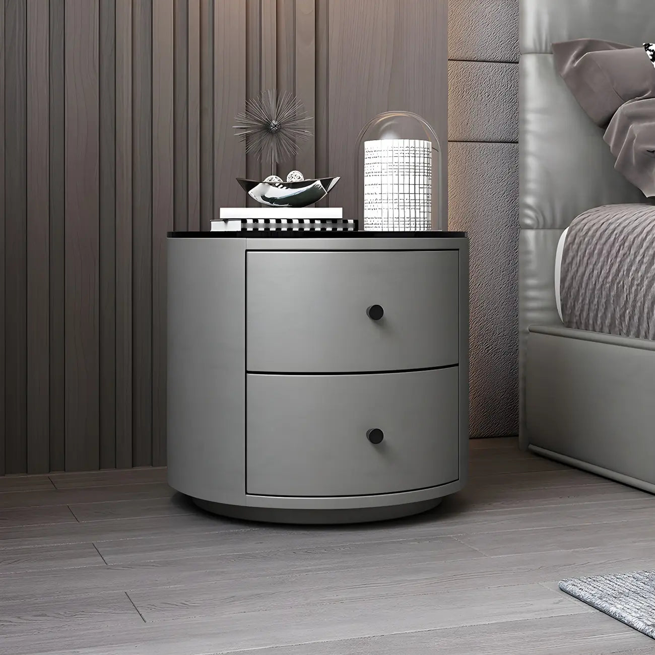 Table de chevet ronde moderne en similicuir gris avec deux tiroirs