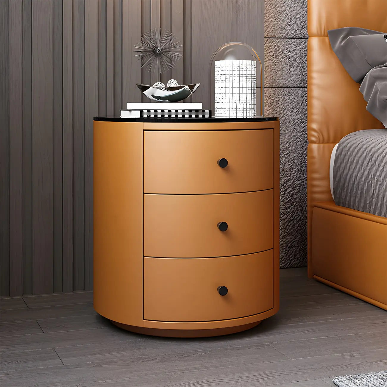 Table de chevet ronde moderne en similicuir gris avec deux tiroirs