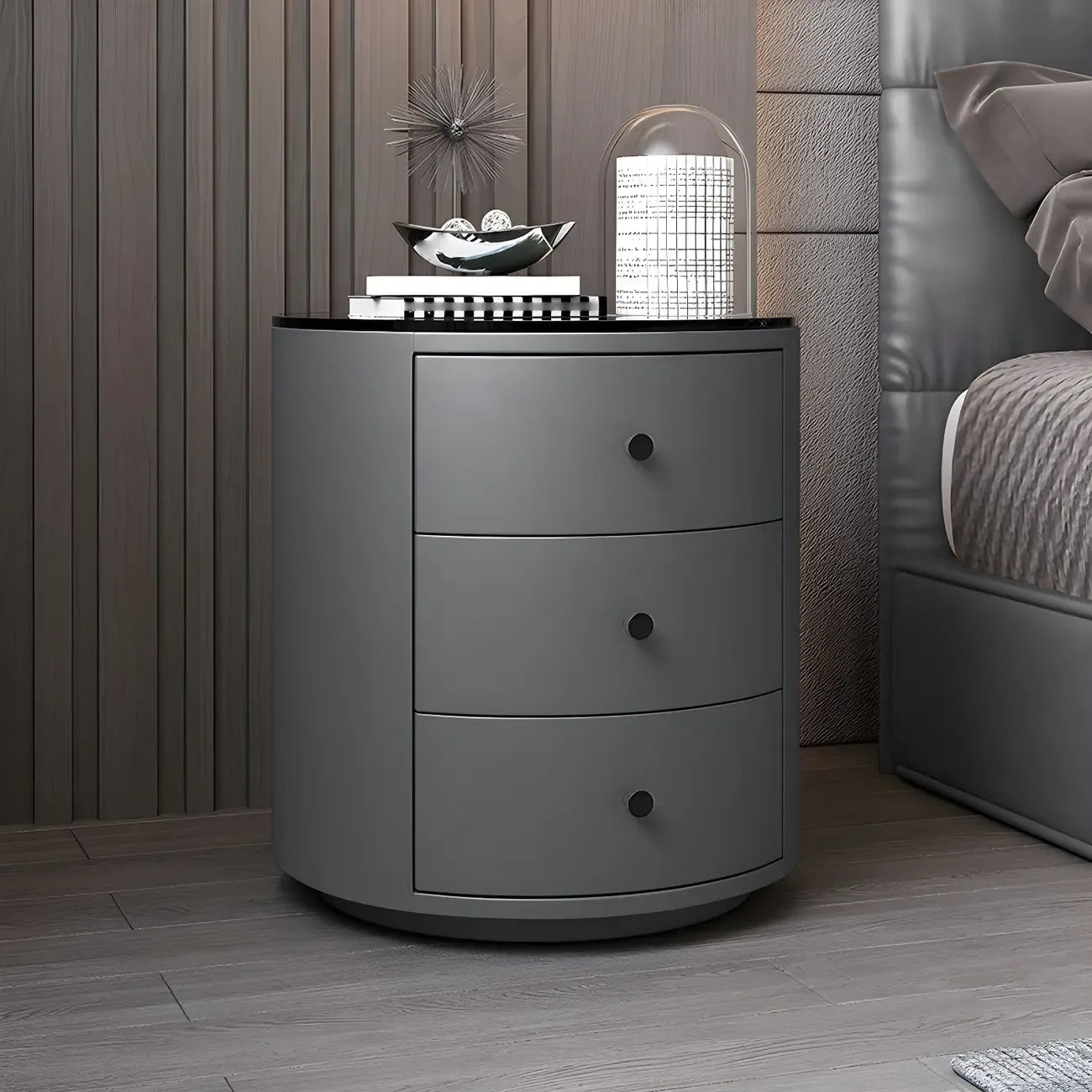 Table de chevet ronde moderne en similicuir gris avec deux tiroirs