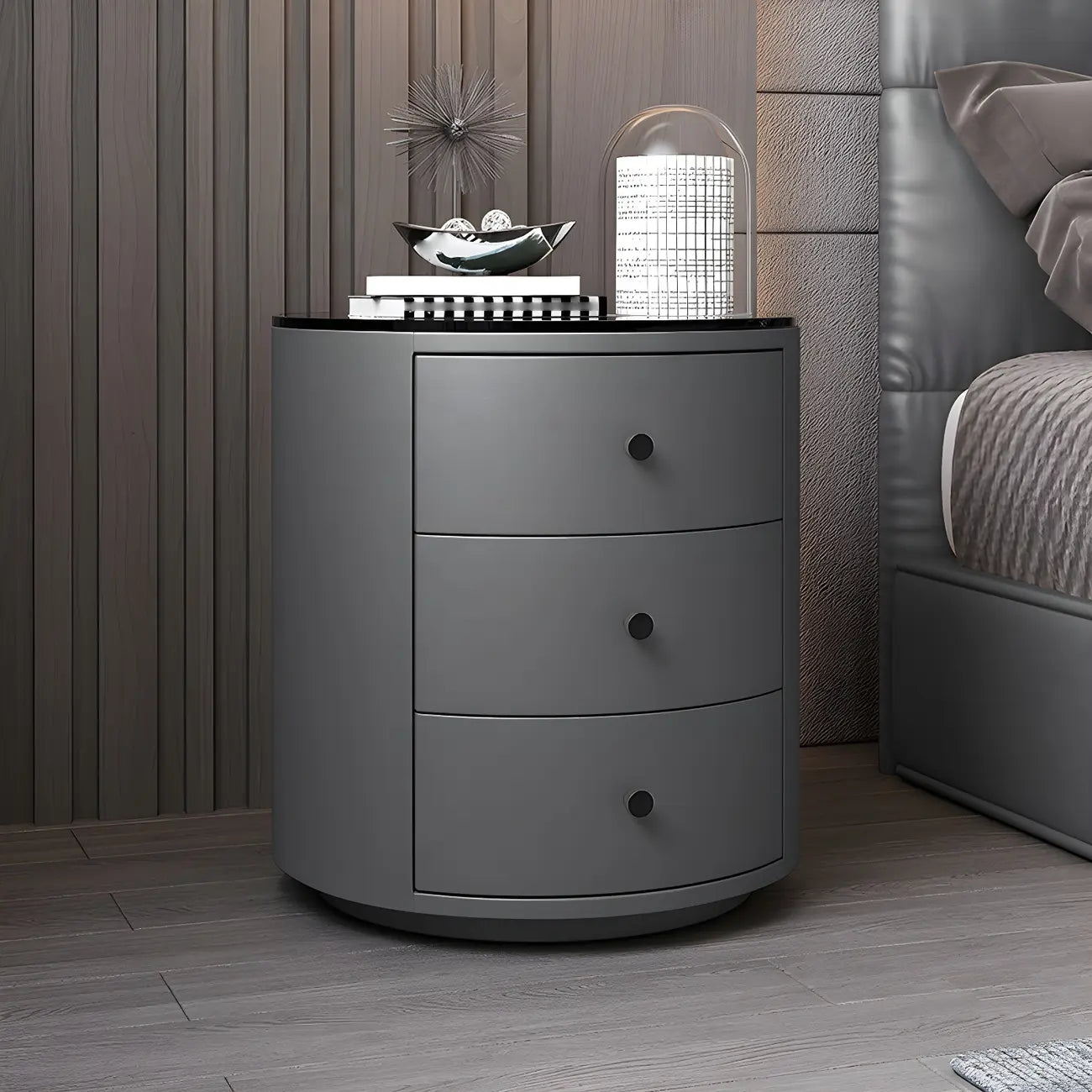 Table de chevet ronde moderne en similicuir gris avec deux tiroirs