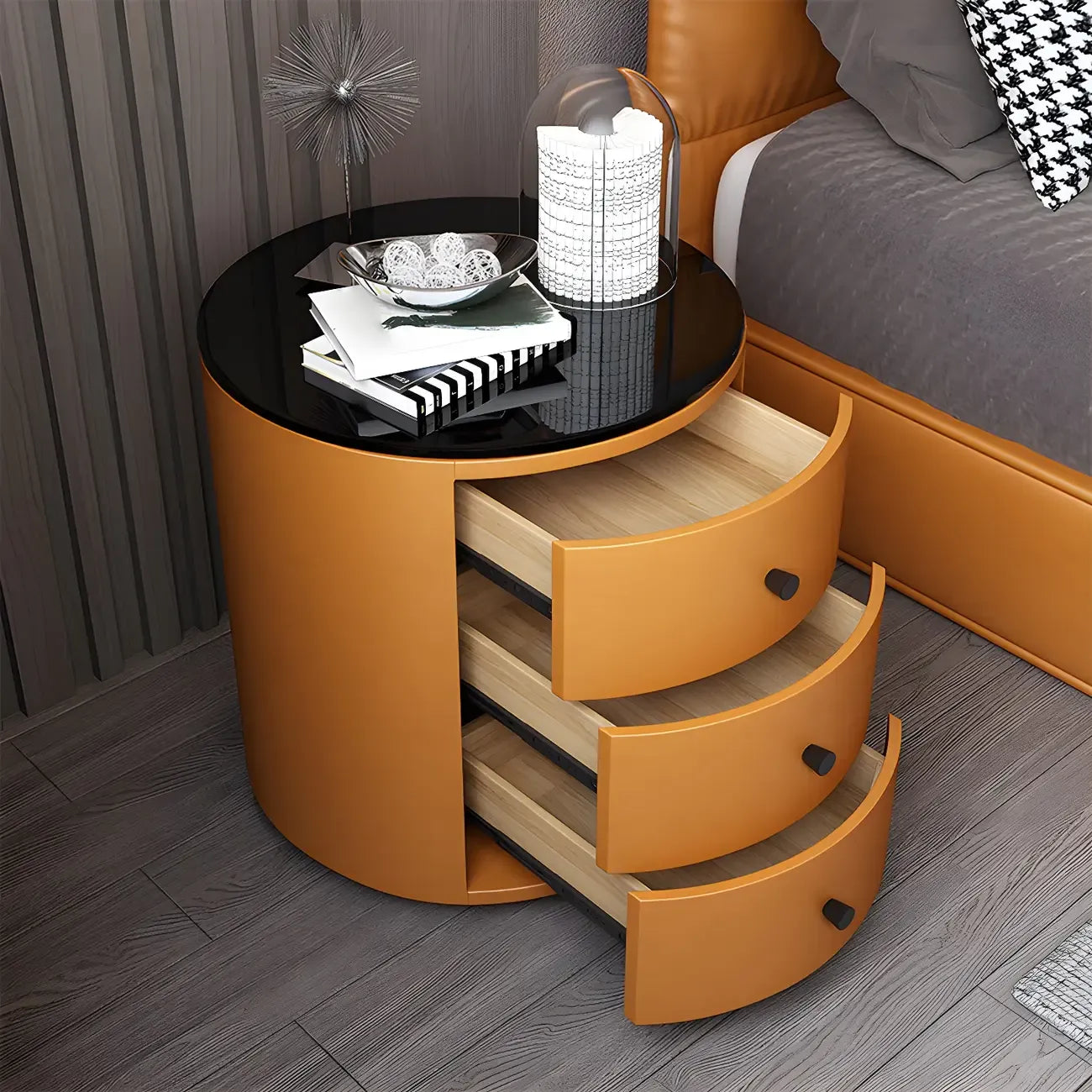 Table de chevet ronde moderne en similicuir gris avec deux tiroirs