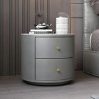 Table de chevet ronde moderne en similicuir gris avec deux tiroirs