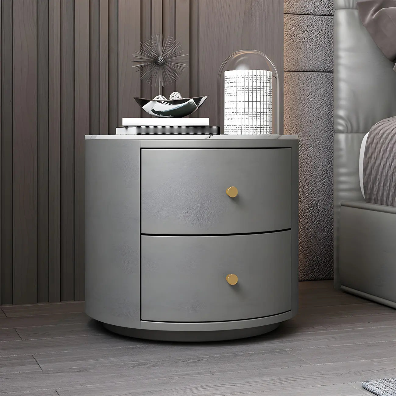 Table de chevet ronde moderne en similicuir gris avec deux tiroirs