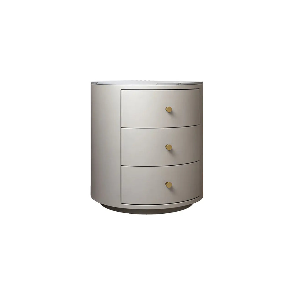 Table de chevet ronde moderne en similicuir gris avec deux tiroirs