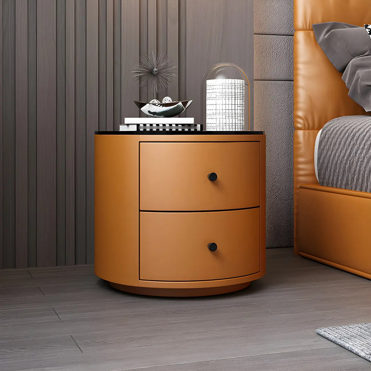 Table de chevet ronde moderne en similicuir gris avec deux tiroirs