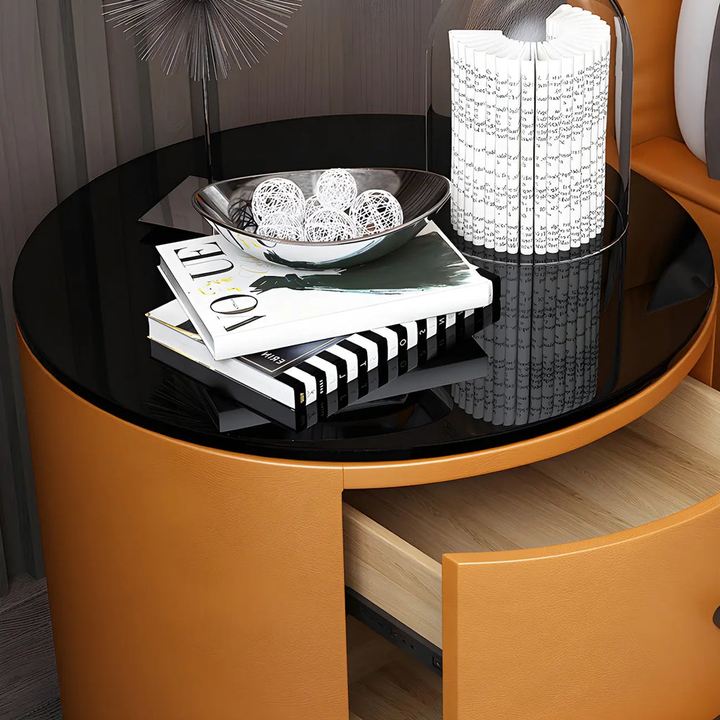 Table de chevet ronde moderne en similicuir gris avec deux tiroirs