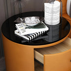 Table de chevet ronde moderne en similicuir gris avec deux tiroirs