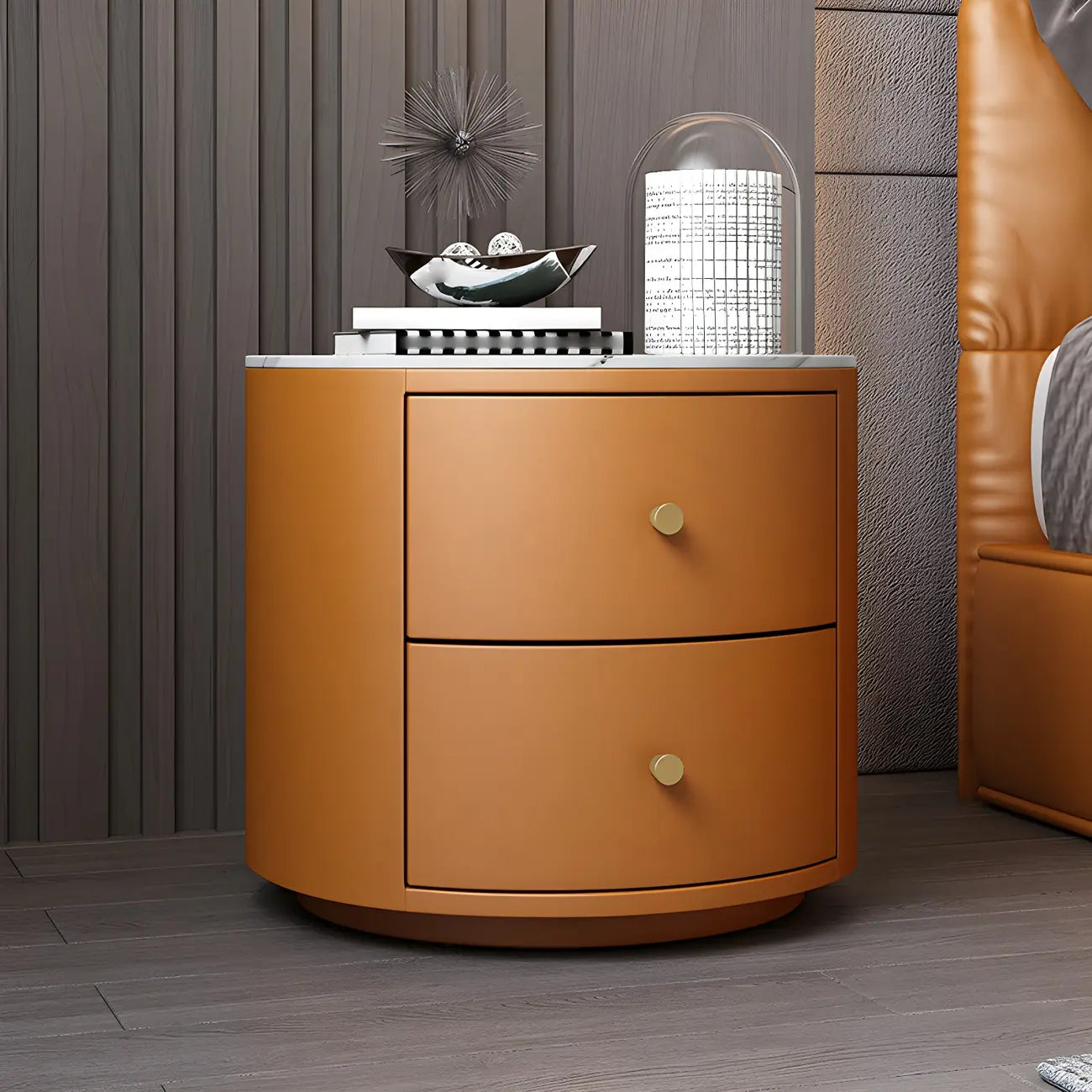 Table de chevet ronde moderne en similicuir gris avec deux tiroirs