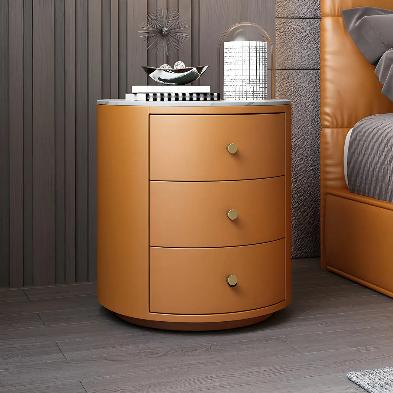 Table de chevet ronde moderne en similicuir gris avec deux tiroirs