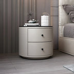 Table de chevet ronde moderne en similicuir gris avec deux tiroirs