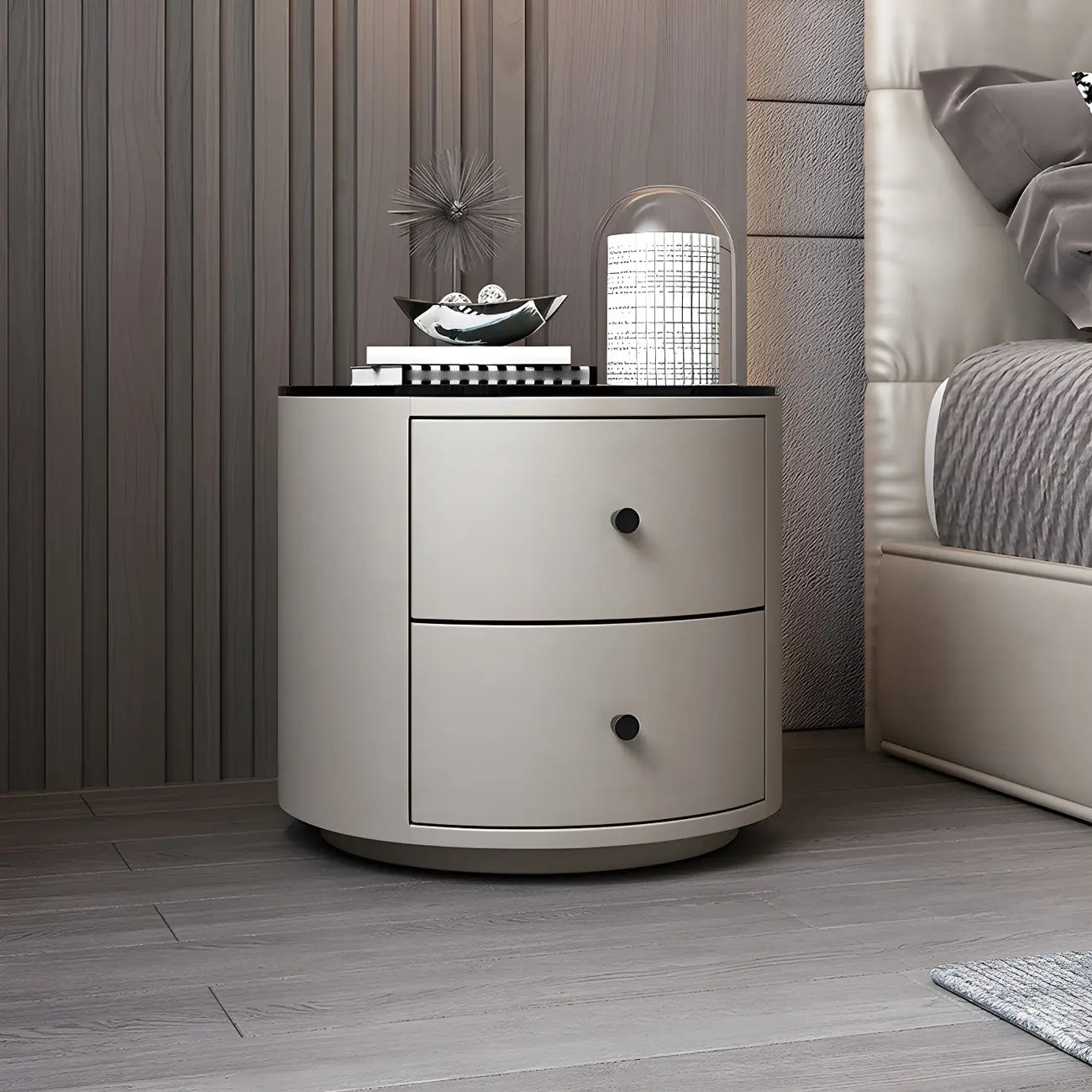 Table de chevet ronde moderne en similicuir gris avec deux tiroirs